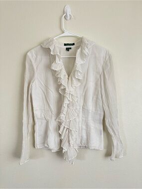 Lauren Ralph Lauren Cream Ruffle-Front Long Sleeve Blouse